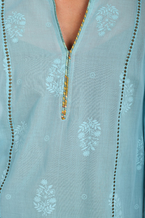 Embroidery tunic with contrast color piping in printed cotton voile